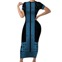 New Zealand Maori Kowhaiwhai Family Matching Short Sleeve Bodycon Dress and Hawaiian Shirt Kikorangi Maui and Mangopare LT9 Mom's Dress Blue - Polynesian Pride