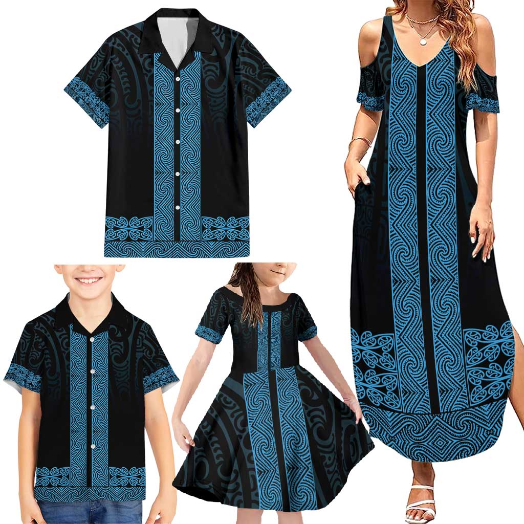 New Zealand Maori Kowhaiwhai Family Matching Summer Maxi Dress and Hawaiian Shirt Kikorangi Maui and Mangopare LT9 - Polynesian Pride