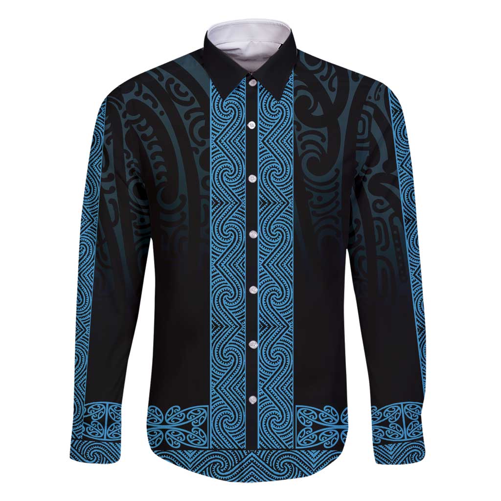 New Zealand Maori Kowhaiwhai Family Matching Tank Maxi Dress and Hawaiian Shirt Kikorangi Maui and Mangopare LT9 Dad's Shirt - Long Sleeve Blue - Polynesian Pride