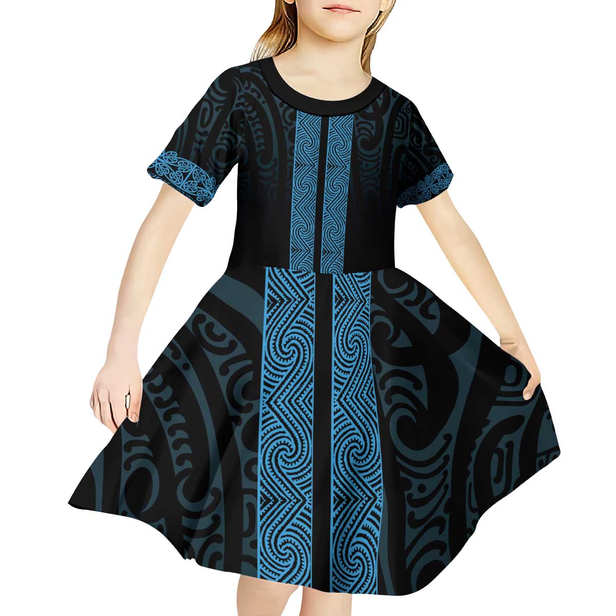 New Zealand Maori Kowhaiwhai Kid Short Sleeve Dress Kikorangi Maui and Mangopare LT9 - Polynesian Pride