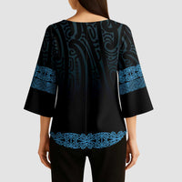 New Zealand Maori Kowhaiwhai Kimono Sleeve Blouse Kikorangi Maui and Mangopare LT9 - Polynesian Pride