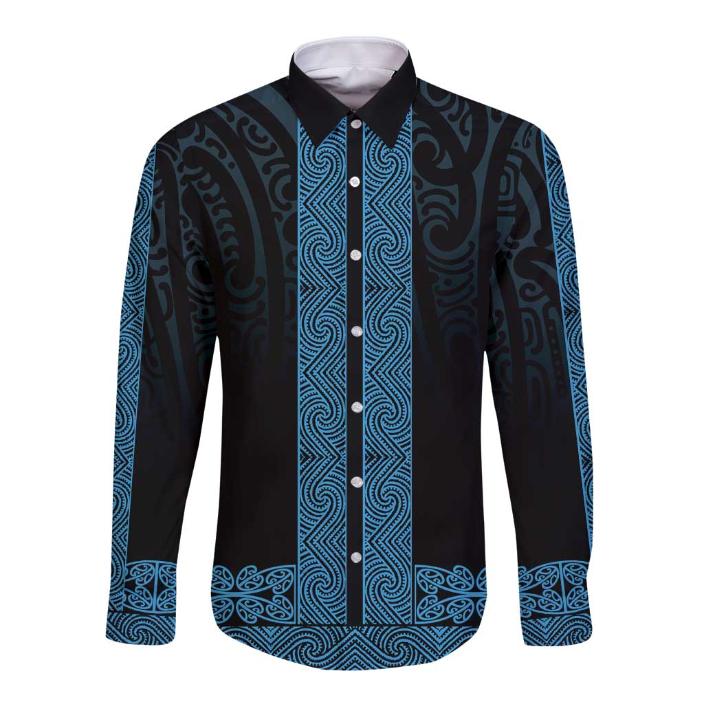 New Zealand Maori Kowhaiwhai Long Sleeve Button Shirt Kikorangi Maui and Mangopare LT9 Unisex Blue - Polynesian Pride