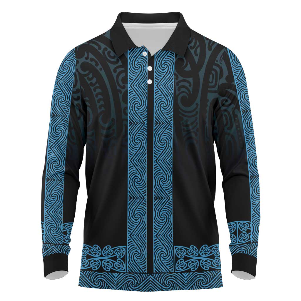New Zealand Maori Kowhaiwhai Long Sleeve Polo Shirt Kikorangi Maui and Mangopare