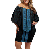 New Zealand Maori Kowhaiwhai Off Shoulder Short Dress Kikorangi Maui and Mangopare LT9 Women Blue - Polynesian Pride
