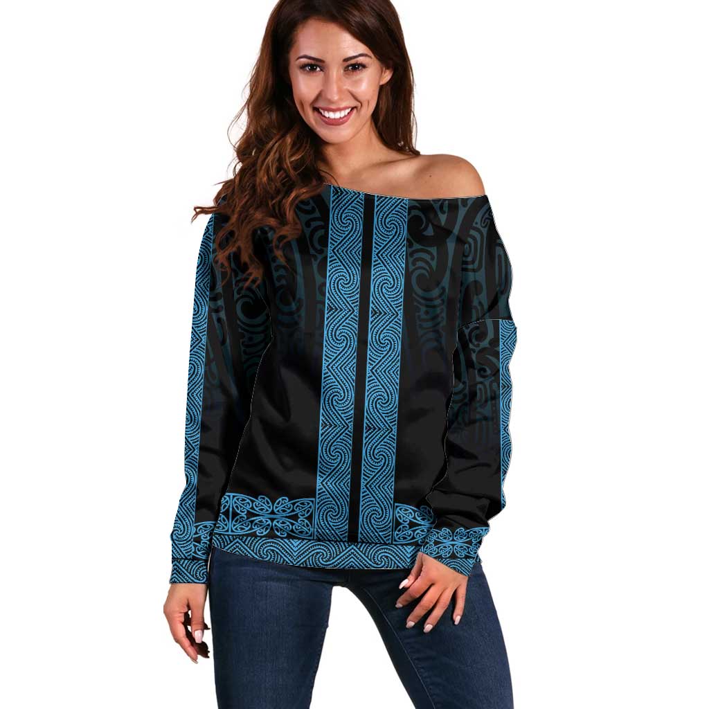 New Zealand Maori Kowhaiwhai Off Shoulder Sweater Kikorangi Maui and Mangopare