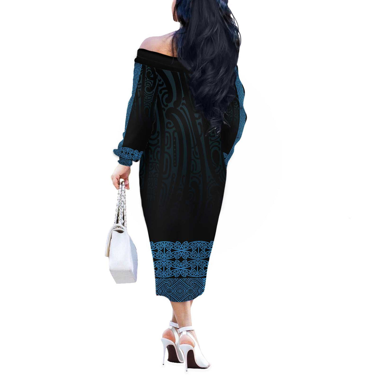 New Zealand Maori Kowhaiwhai Off The Shoulder Long Sleeve Dress Kikorangi Maui and Mangopare LT9 - Polynesian Pride