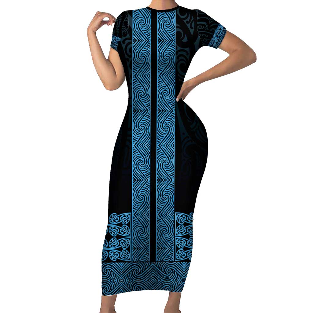 New Zealand Maori Kowhaiwhai Short Sleeve Bodycon Dress Kikorangi Maui and Mangopare LT9 Long Dress Blue - Polynesian Pride