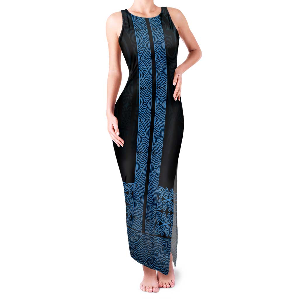 New Zealand Maori Kowhaiwhai Tank Maxi Dress Kikorangi Maui and Mangopare LT9 Women Blue - Polynesian Pride