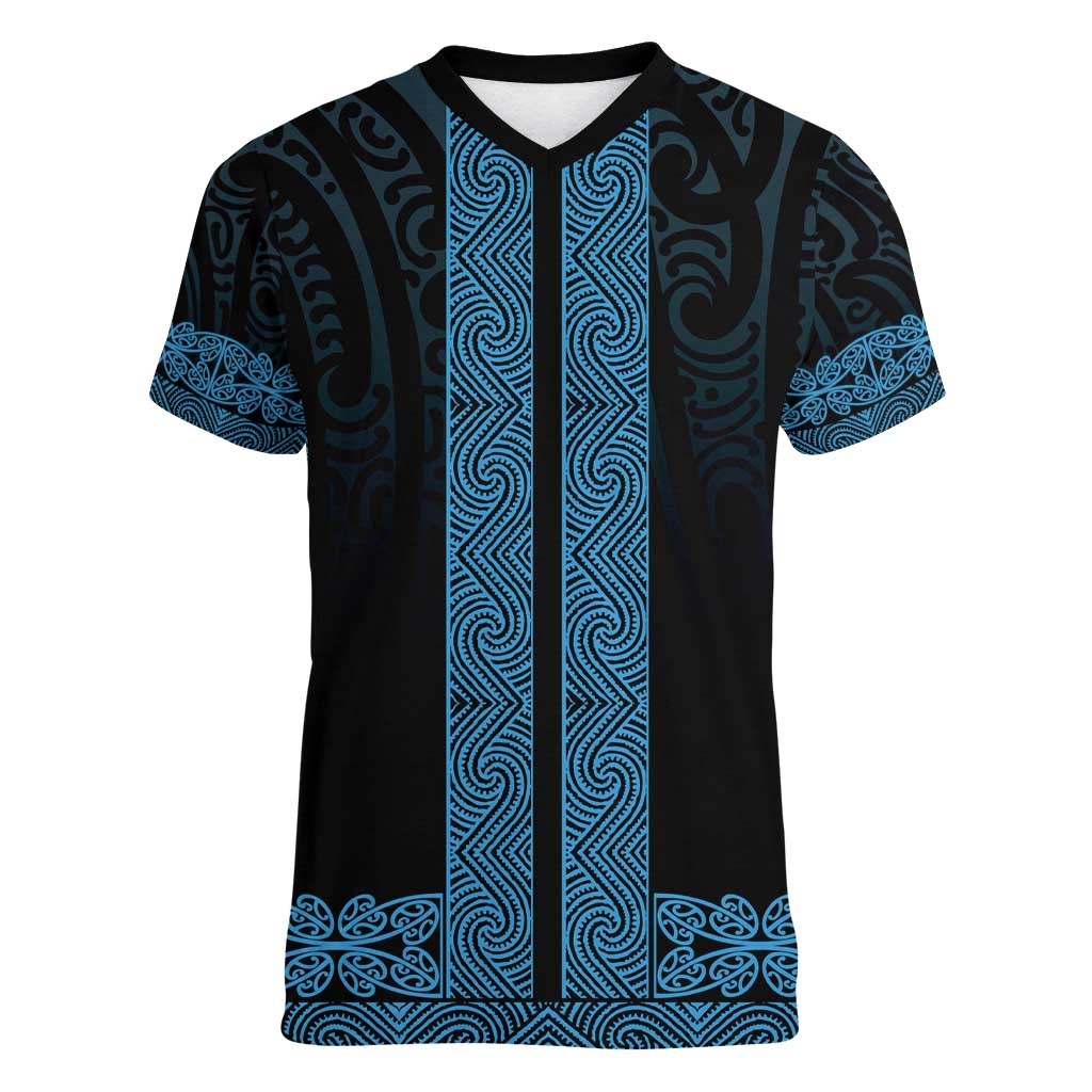 New Zealand Maori Kowhaiwhai Women V-Neck T-Shirt Kikorangi Maui and Mangopare