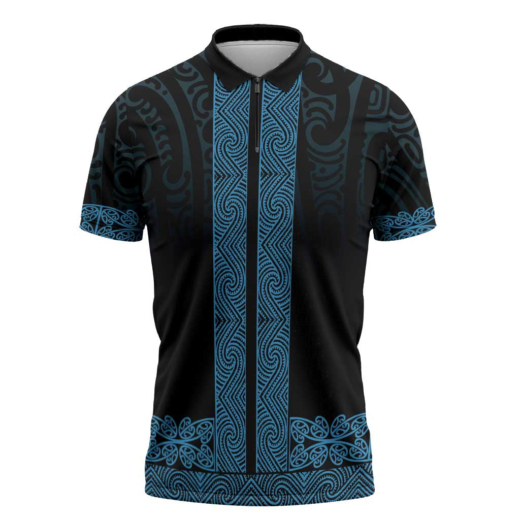 New Zealand Maori Kowhaiwhai Zipper Polo Shirt Kikorangi Maui and Mangopare - Polynesian Pride