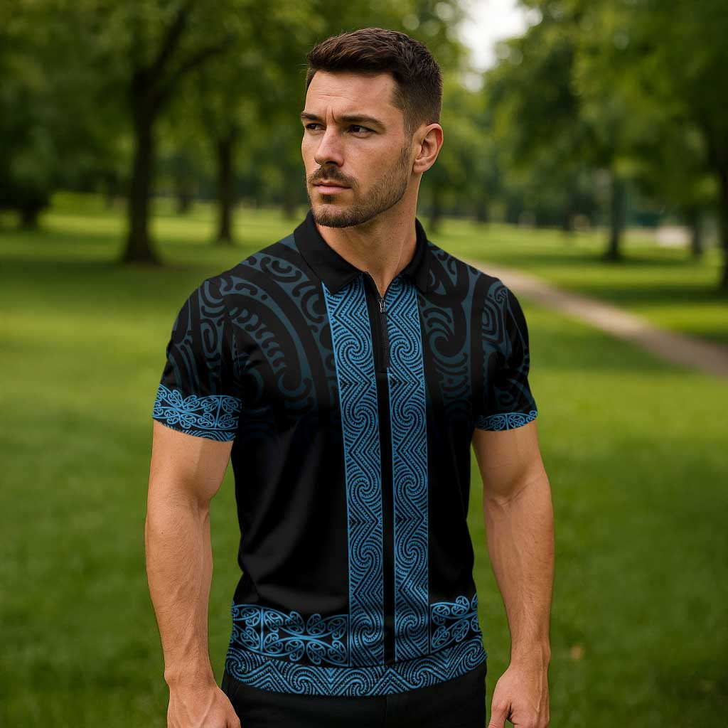 New Zealand Maori Kowhaiwhai Zipper Polo Shirt Kikorangi Maui and Mangopare LT9 - Polynesian Pride