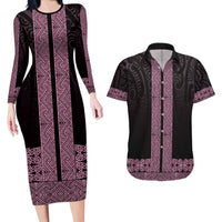 New Zealand Maori Kowhaiwhai Couples Matching Long Sleeve Bodycon Dress and Hawaiian Shirt Mawhero Maui and Mangopare LT9 Pink - Polynesian Pride