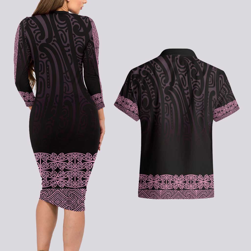 New Zealand Maori Kowhaiwhai Couples Matching Long Sleeve Bodycon Dress and Hawaiian Shirt Mawhero Maui and Mangopare LT9 - Polynesian Pride