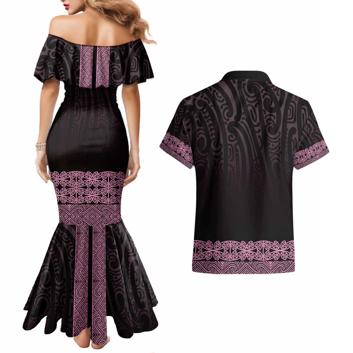 New Zealand Maori Kowhaiwhai Couples Matching Mermaid Dress and Hawaiian Shirt Mawhero Maui and Mangopare LT9 - Polynesian Pride