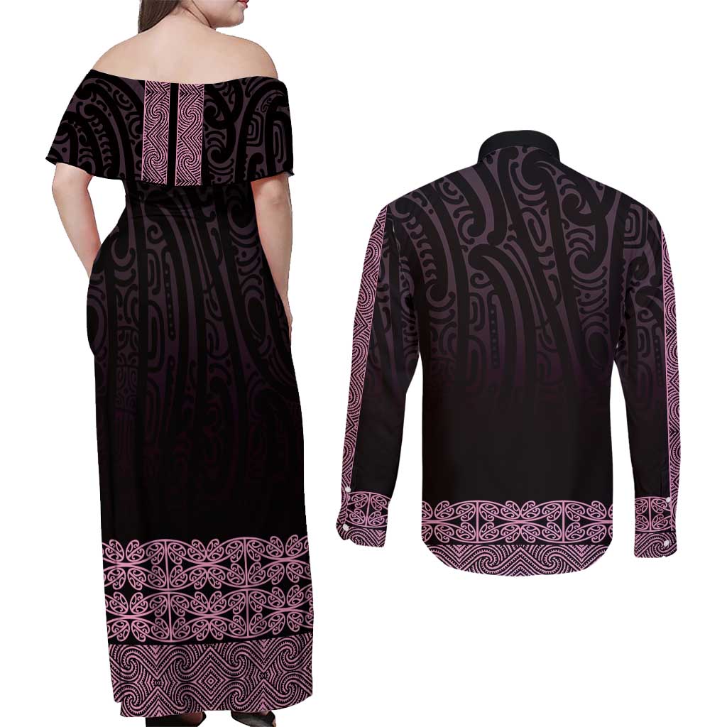 New Zealand Maori Kowhaiwhai Couples Matching Off Shoulder Maxi Dress and Long Sleeve Button Shirt Mawhero Maui and Mangopare LT9 - Polynesian Pride