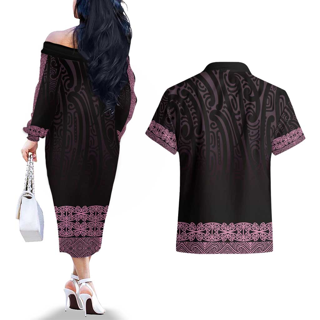 New Zealand Maori Kowhaiwhai Couples Matching Off The Shoulder Long Sleeve Dress and Hawaiian Shirt Mawhero Maui and Mangopare LT9 - Polynesian Pride