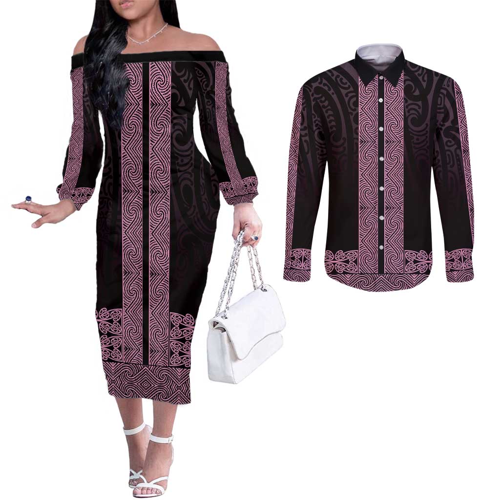 New Zealand Maori Kowhaiwhai Couples Matching Off The Shoulder Long Sleeve Dress and Long Sleeve Button Shirt Mawhero Maui and Mangopare LT9 Pink - Polynesian Pride
