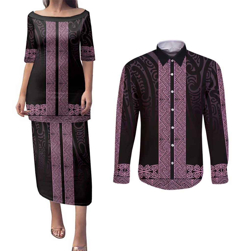New Zealand Maori Kowhaiwhai Couples Matching Puletasi and Long Sleeve Button Shirt Mawhero Maui and Mangopare