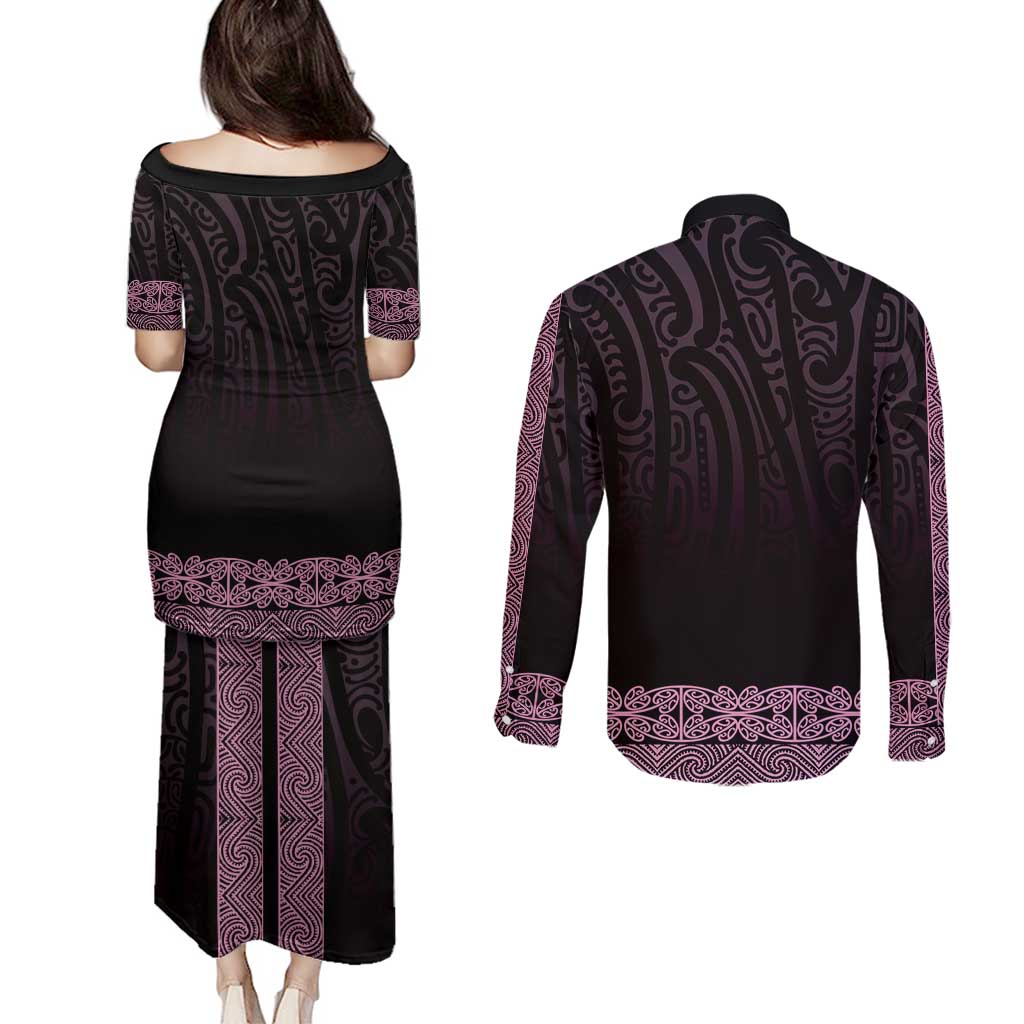 New Zealand Maori Kowhaiwhai Couples Matching Puletasi and Long Sleeve Button Shirt Mawhero Maui and Mangopare LT9 - Polynesian Pride