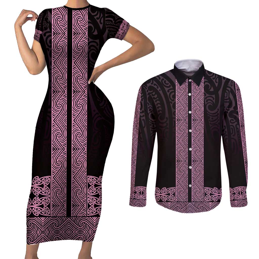 New Zealand Maori Kowhaiwhai Couples Matching Short Sleeve Bodycon Dress and Long Sleeve Button Shirt Mawhero Maui and Mangopare LT9 Pink - Polynesian Pride