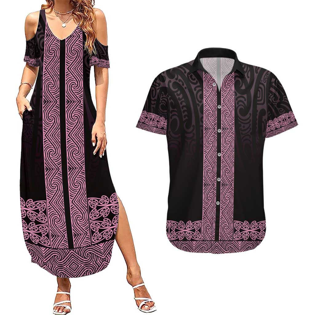 New Zealand Maori Kowhaiwhai Couples Matching Summer Maxi Dress and Hawaiian Shirt Mawhero Maui and Mangopare LT9 Pink - Polynesian Pride