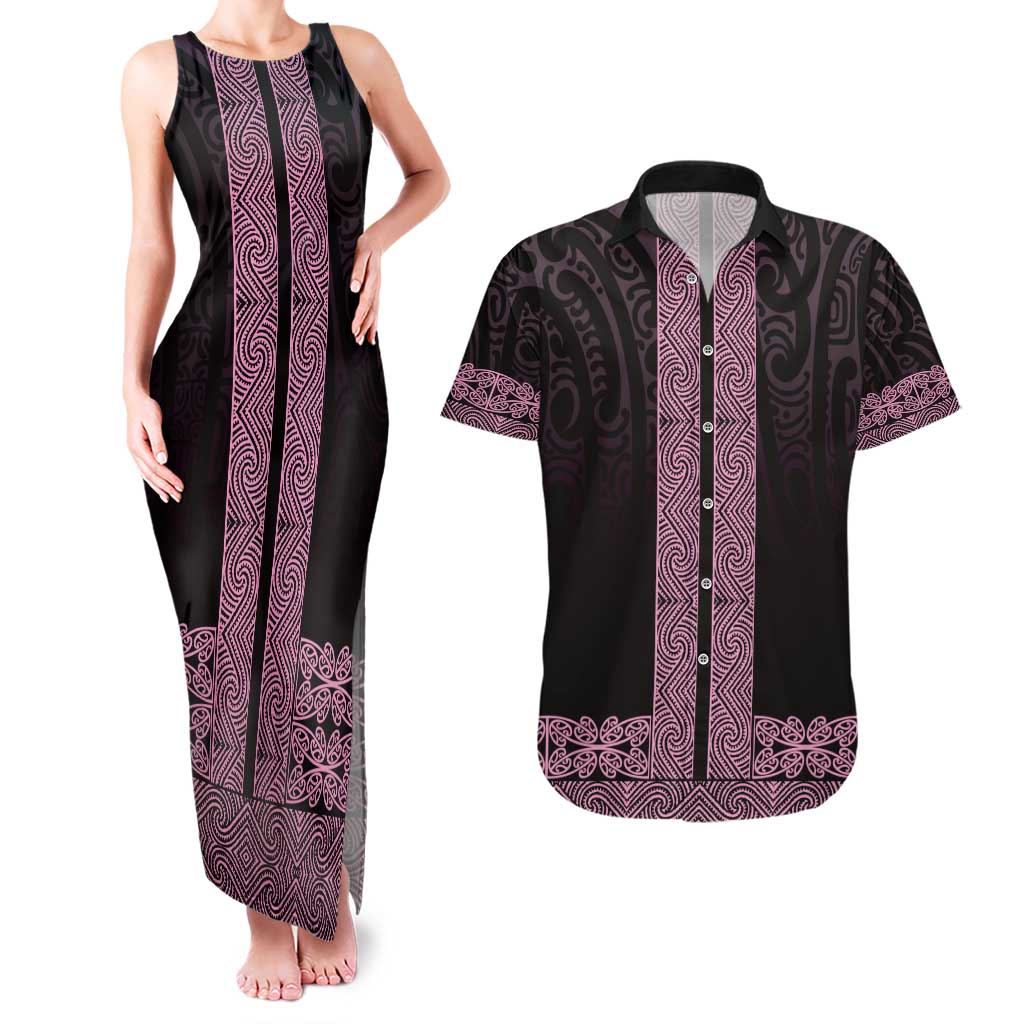 New Zealand Maori Kowhaiwhai Couples Matching Tank Maxi Dress and Hawaiian Shirt Mawhero Maui and Mangopare LT9 Pink - Polynesian Pride