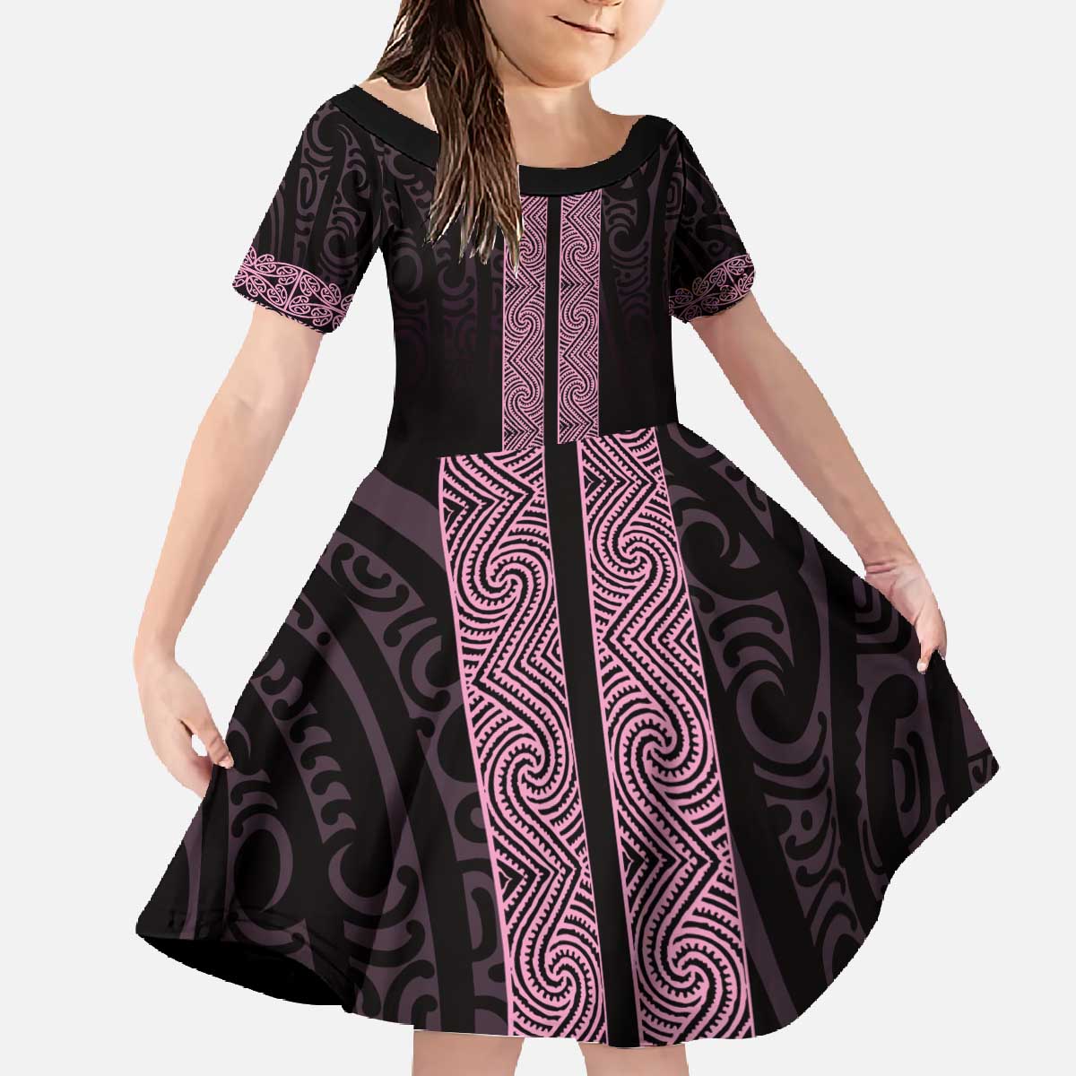 New Zealand Maori Kowhaiwhai Family Matching Off The Shoulder Long Sleeve Dress and Hawaiian Shirt Mawhero Maui and Mangopare LT9 Daughter's Dress Pink - Polynesian Pride