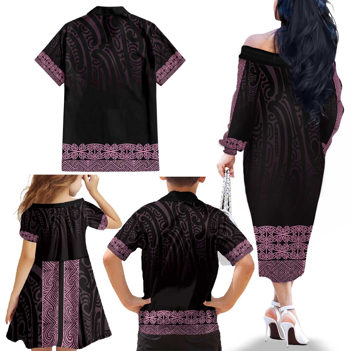 New Zealand Maori Kowhaiwhai Family Matching Off The Shoulder Long Sleeve Dress and Hawaiian Shirt Mawhero Maui and Mangopare LT9 - Polynesian Pride