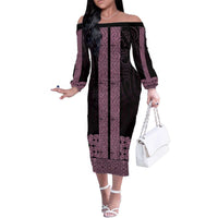 New Zealand Maori Kowhaiwhai Family Matching Off The Shoulder Long Sleeve Dress and Hawaiian Shirt Mawhero Maui and Mangopare LT9 Mom's Dress Pink - Polynesian Pride