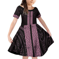 New Zealand Maori Kowhaiwhai Family Matching Off Shoulder Short Dress and Hawaiian Shirt Mawhero Maui and Mangopare LT9 Daughter's Dress Pink - Polynesian Pride