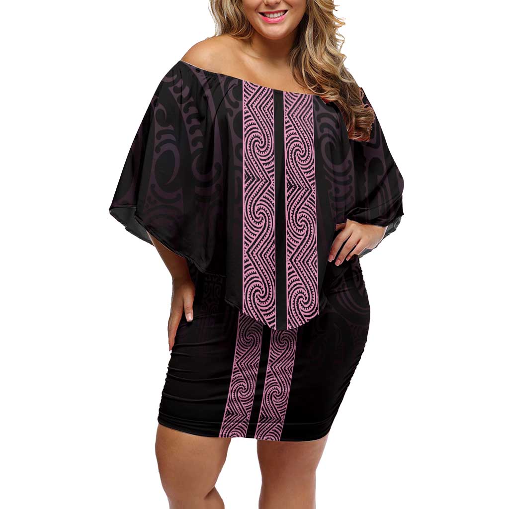 New Zealand Maori Kowhaiwhai Family Matching Off Shoulder Short Dress and Hawaiian Shirt Mawhero Maui and Mangopare LT9 Mom's Dress Pink - Polynesian Pride
