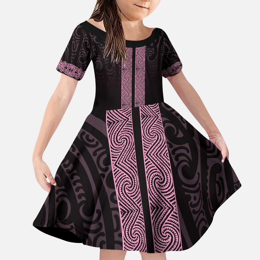 New Zealand Maori Kowhaiwhai Family Matching Puletasi and Hawaiian Shirt Mawhero Maui and Mangopare LT9 Daughter's Dress Pink - Polynesian Pride