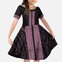 New Zealand Maori Kowhaiwhai Family Matching Short Sleeve Bodycon Dress and Hawaiian Shirt Mawhero Maui and Mangopare LT9 Daughter's Dress Pink - Polynesian Pride