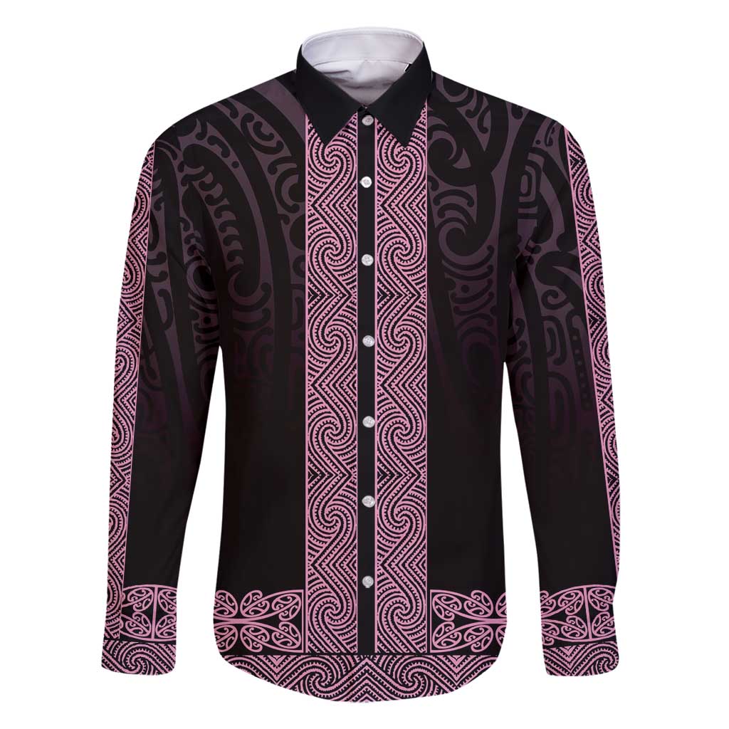 New Zealand Maori Kowhaiwhai Family Matching Summer Maxi Dress and Hawaiian Shirt Mawhero Maui and Mangopare LT9 Dad's Shirt - Long Sleeve Pink - Polynesian Pride