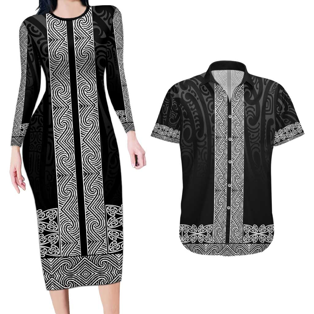 New Zealand Maori Kowhaiwhai Couples Matching Long Sleeve Bodycon Dress and Hawaiian Shirt Pango Maui and Mangopare LT9 Black - Polynesian Pride