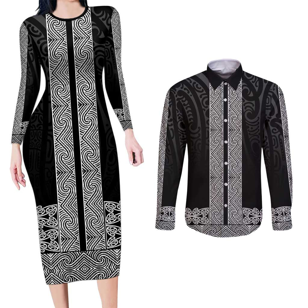 New Zealand Maori Kowhaiwhai Couples Matching Long Sleeve Bodycon Dress and Long Sleeve Button Shirt Pango Maui and Mangopare LT9 Black - Polynesian Pride