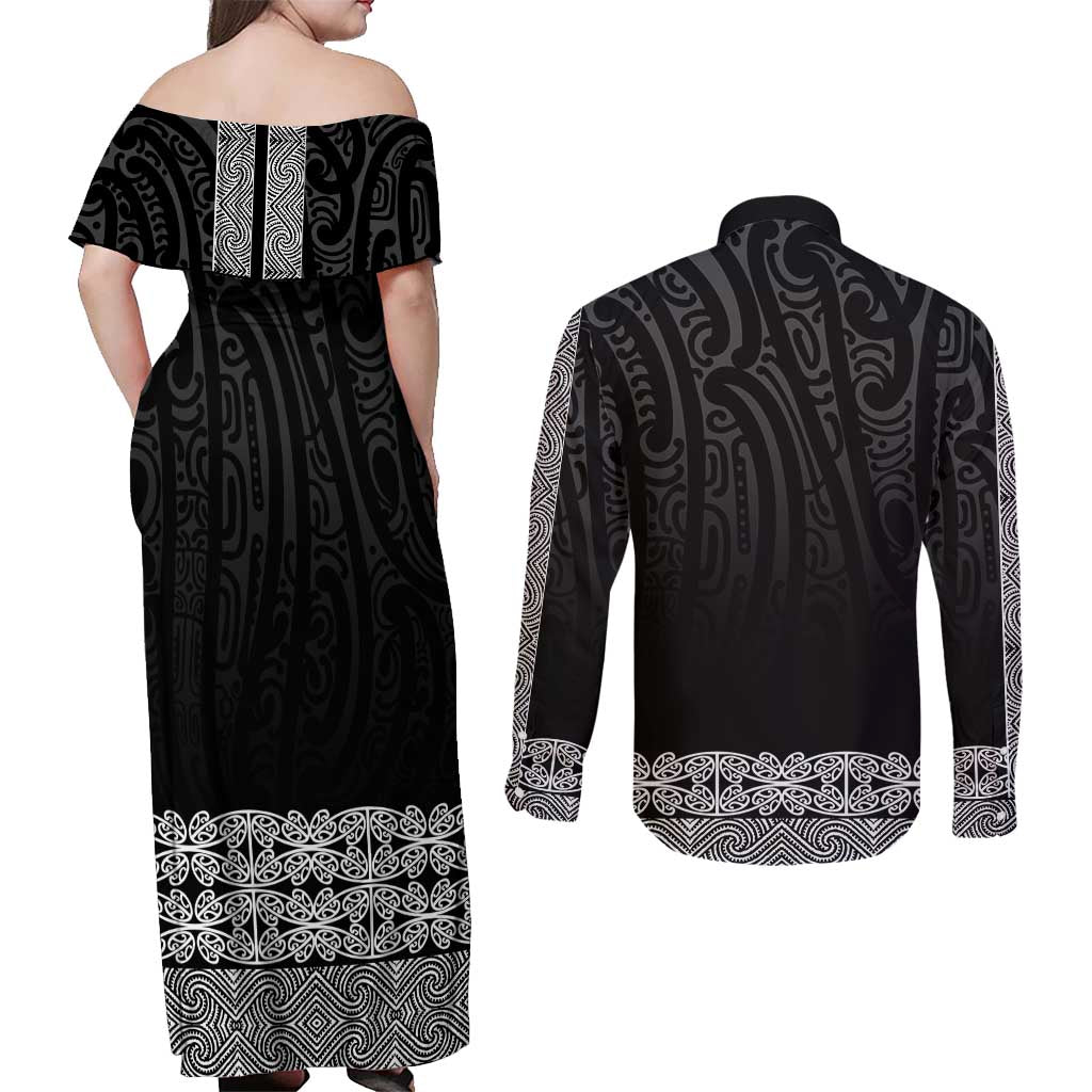 New Zealand Maori Kowhaiwhai Couples Matching Off Shoulder Maxi Dress and Long Sleeve Button Shirt Pango Maui and Mangopare LT9 - Polynesian Pride