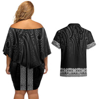 New Zealand Maori Kowhaiwhai Couples Matching Off Shoulder Short Dress and Hawaiian Shirt Pango Maui and Mangopare LT9 - Polynesian Pride