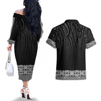 New Zealand Maori Kowhaiwhai Couples Matching Off The Shoulder Long Sleeve Dress and Hawaiian Shirt Pango Maui and Mangopare LT9 - Polynesian Pride