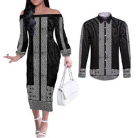 New Zealand Maori Kowhaiwhai Couples Matching Off The Shoulder Long Sleeve Dress and Long Sleeve Button Shirt Pango Maui and Mangopare LT9 Black - Polynesian Pride