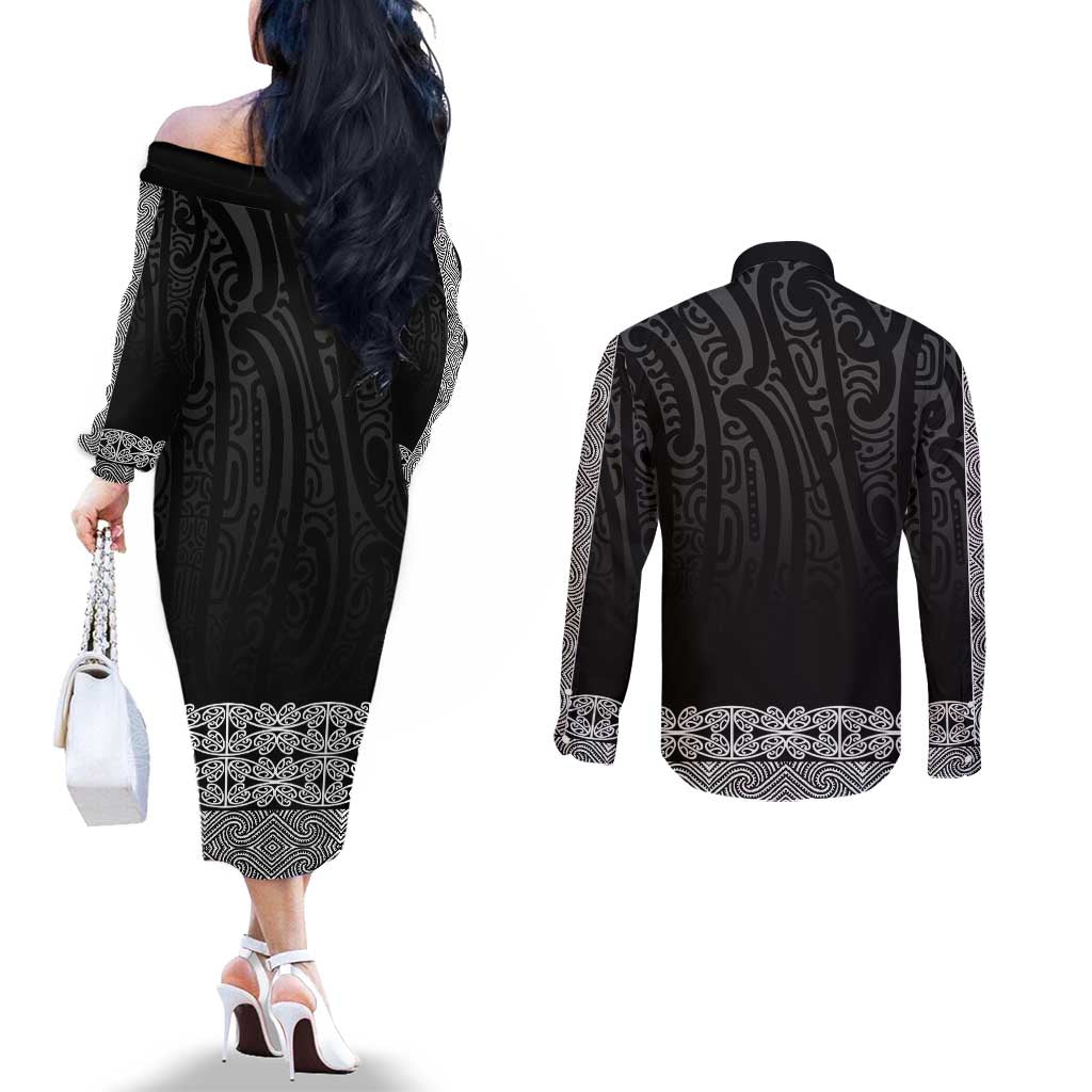 New Zealand Maori Kowhaiwhai Couples Matching Off The Shoulder Long Sleeve Dress and Long Sleeve Button Shirt Pango Maui and Mangopare LT9 - Polynesian Pride