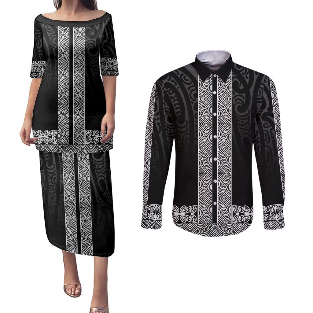 New Zealand Maori Kowhaiwhai Couples Matching Puletasi and Long Sleeve Button Shirt Pango Maui and Mangopare