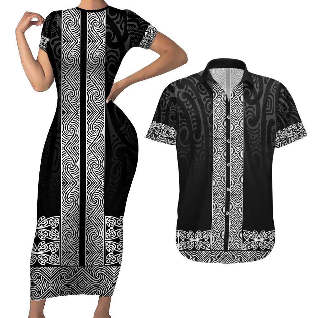 New Zealand Maori Kowhaiwhai Couples Matching Short Sleeve Bodycon Dress and Hawaiian Shirt Pango Maui and Mangopare LT9 Black - Polynesian Pride