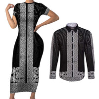 New Zealand Maori Kowhaiwhai Couples Matching Short Sleeve Bodycon Dress and Long Sleeve Button Shirt Pango Maui and Mangopare LT9 Black - Polynesian Pride
