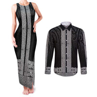 New Zealand Maori Kowhaiwhai Couples Matching Tank Maxi Dress and Long Sleeve Button Shirt Pango Maui and Mangopare LT9 Black - Polynesian Pride