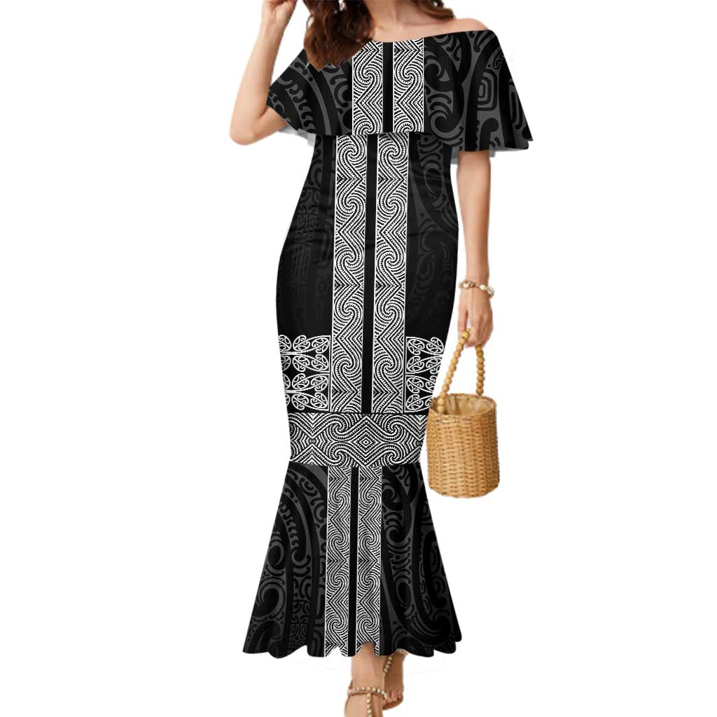 New Zealand Maori Kowhaiwhai Family Matching Mermaid Dress and Hawaiian Shirt Pango Maui and Mangopare LT9 Mom's Dress Black - Polynesian Pride