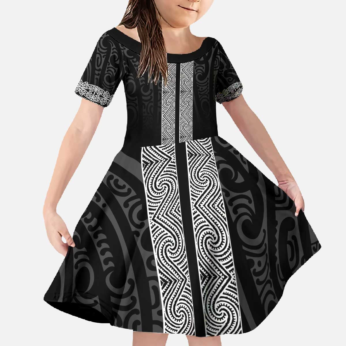 New Zealand Maori Kowhaiwhai Family Matching Off The Shoulder Long Sleeve Dress and Hawaiian Shirt Pango Maui and Mangopare LT9 Daughter's Dress Black - Polynesian Pride