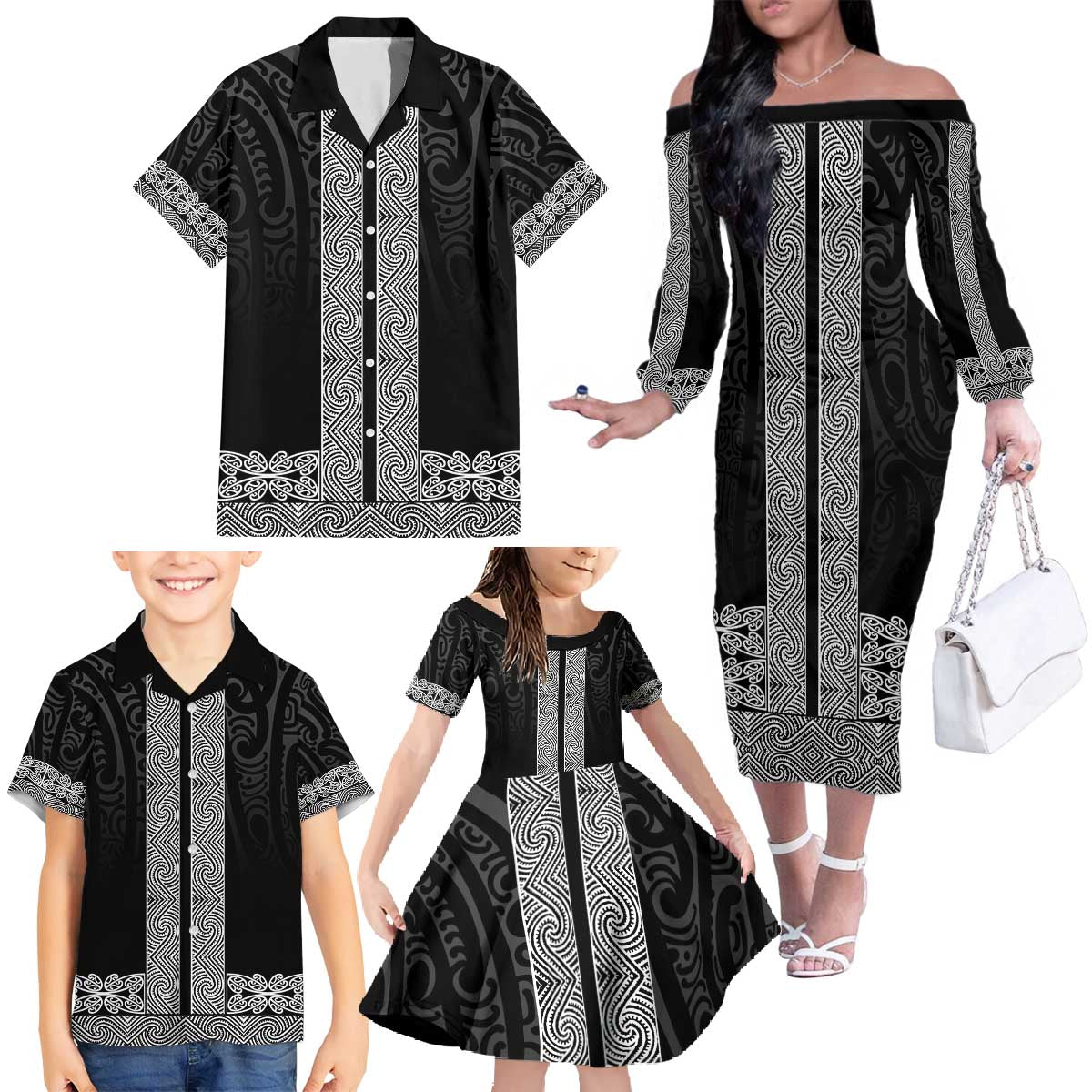 New Zealand Maori Kowhaiwhai Family Matching Off The Shoulder Long Sleeve Dress and Hawaiian Shirt Pango Maui and Mangopare LT9 - Polynesian Pride