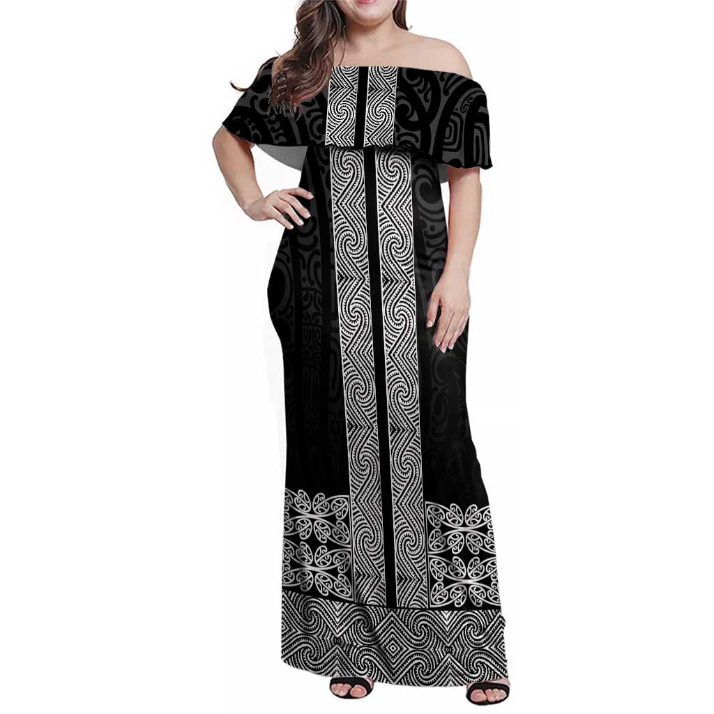 New Zealand Maori Kowhaiwhai Family Matching Off Shoulder Maxi Dress and Hawaiian Shirt Pango Maui and Mangopare LT9 Mom's Dress Black - Polynesian Pride