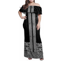 New Zealand Maori Kowhaiwhai Family Matching Off Shoulder Maxi Dress and Hawaiian Shirt Pango Maui and Mangopare LT9 Mom's Dress Black - Polynesian Pride